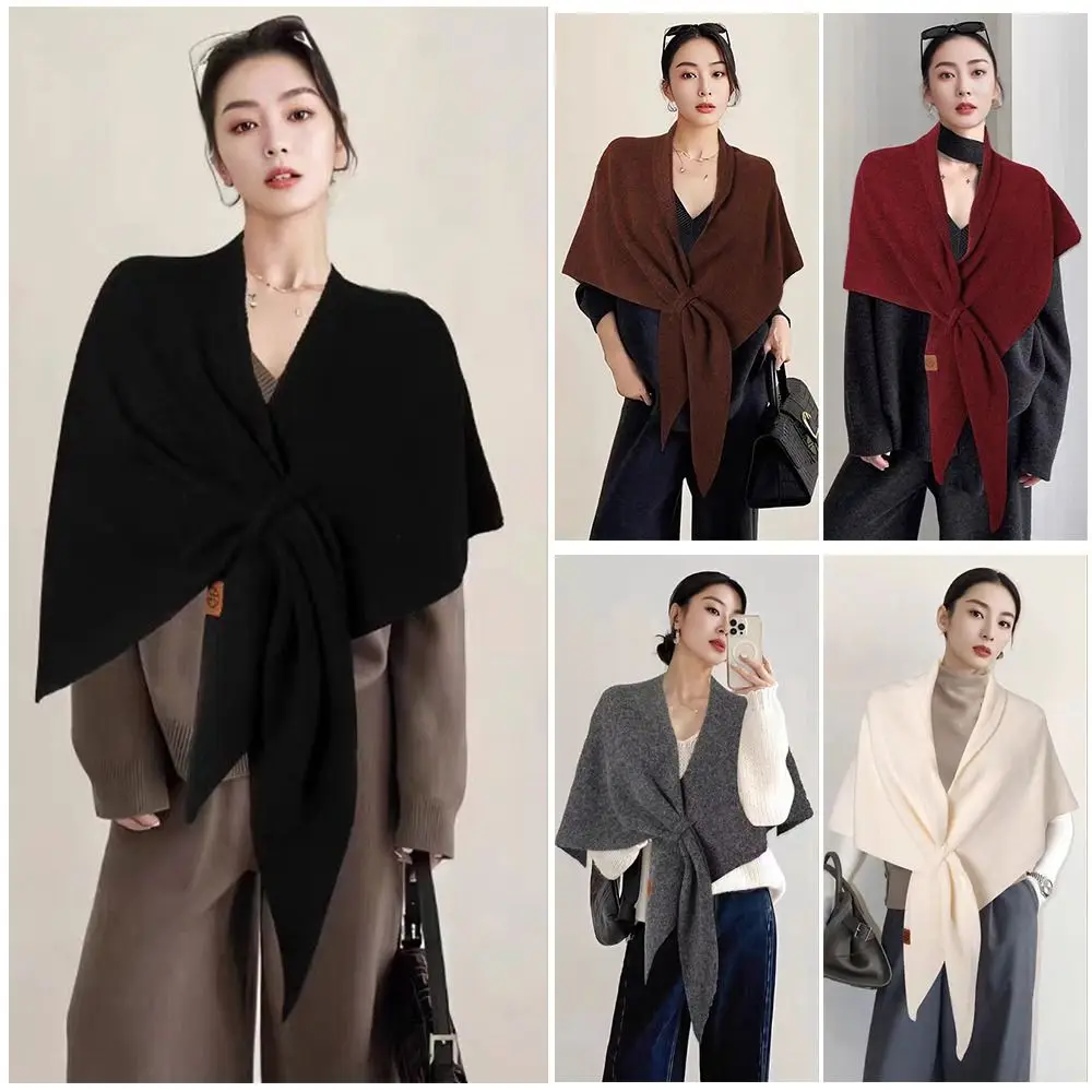Fashion Solid Color Knitted Shawl Thickened Neck Wrap Triangle Scarf Soft Winter Warm Wool Blended Shawl Nice Gift