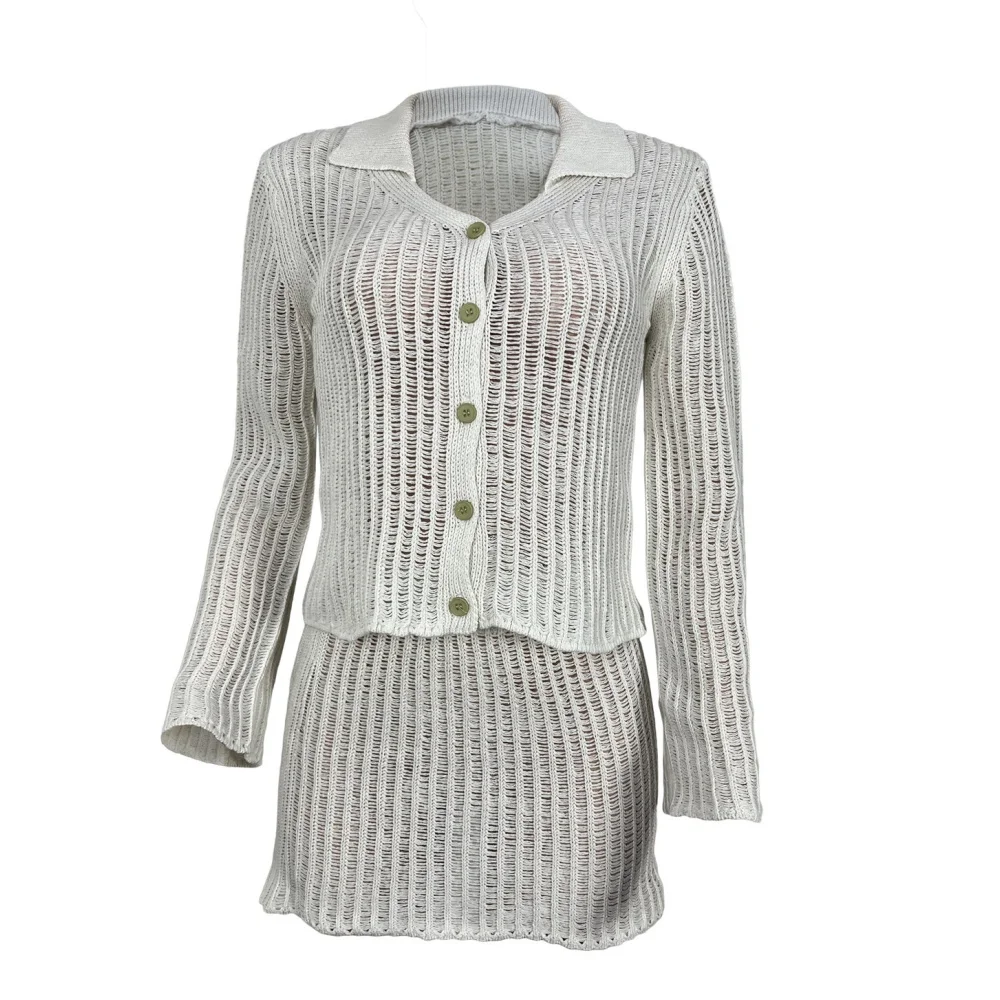 BKLD Club Outfits For Women Fashion Solid Color Casual Knitted Long Sleeve Turn-Down Collar Single Breasted Tops And Skirt Sets