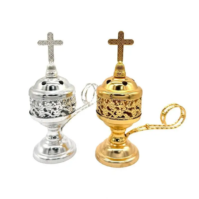 European Style Household Incense Burner Censer Cone Holder With Cross Small Brass Plated Incense Burner Bronze Color Catholic