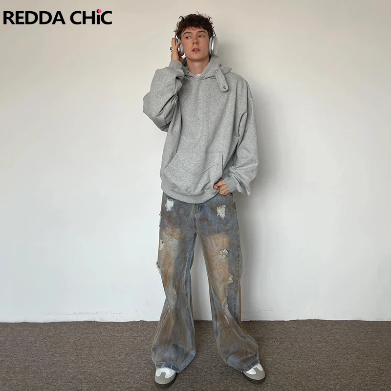 

ReddaChic Rusty Ripped Hole Baggy Jeans Men Vintage High Rise Dirty Wash Distressed Wide Leg Denim Pants Y2k Grunge Streetwear