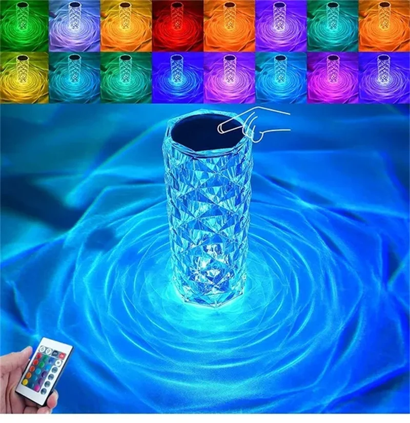 LED Crystal Table Lamp Rose Lamp Projector 3/16 Color Touch Adjustable Romantic Diamond Atmosphere USB Touch Night Light