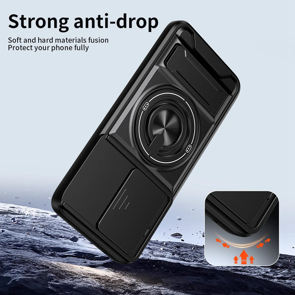 Magnetic Ring Bracket Armor Phone Case with Slide Lens Cover