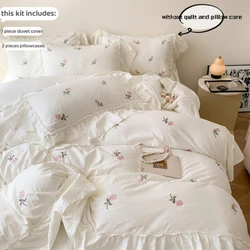 Elegant Rose Embroidered Lace Duvet Cover Set - 3 Piece Princess Style Bedding Collection - 150x200cm (White)