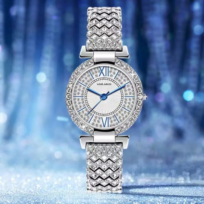 Luxury Women Watch Sky Star Set with Diamond Shells Blue Dots Printed on White Face Diamond-set Steel Strip Women Quartz Watch