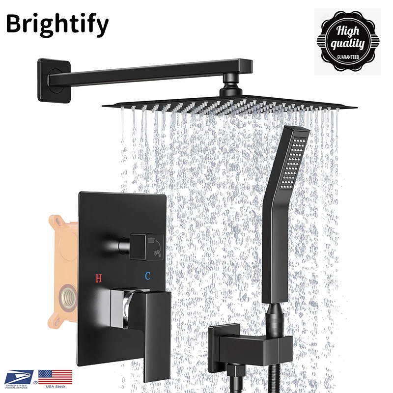 Rain Shower System 10 Inch Square Head High Pressure Wall Mount Faucet Set with Hand Sprayer Bathroom Mixer US SEND antique brass shower faucet set 8 inch shower head hand shower sprayer w hand shower wall mounted mixer tap ban108