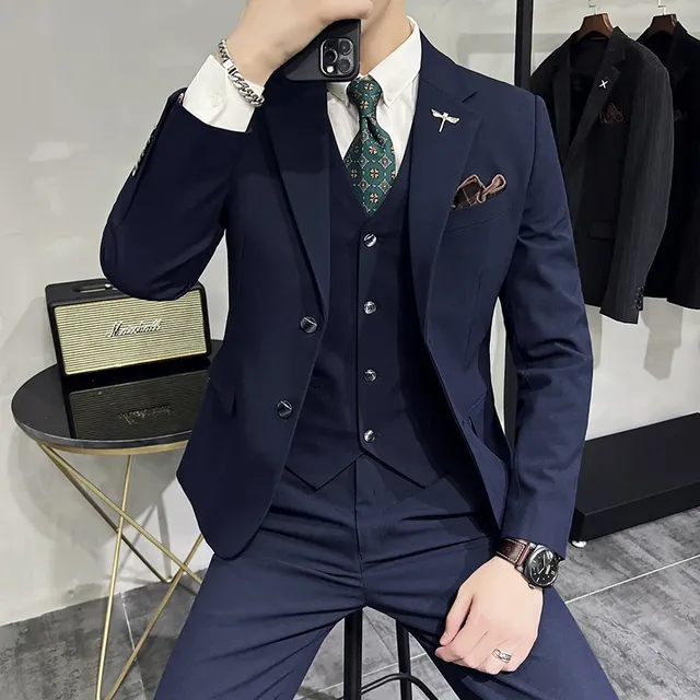 ( Jacket + Vest + Pants ) High-end Brand Boutique Fashion Solid Color Mens Casual Business Suit 3Piece Set Groom Wedding Dress - Navy blue 2 buttons, Asia L (EUR XS)