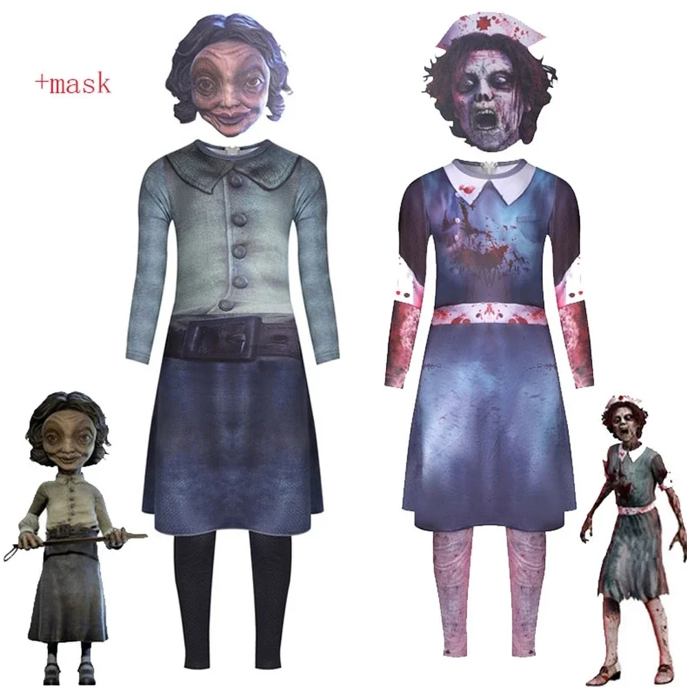 

New Kids Little Nightmares teacher Cosplay Costume+Mask Boys Girls Funny Party Bodysuit Halloween Carnival Fancy Dress Jumpsuits