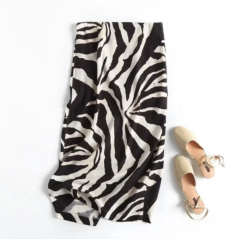 Maxdutti Vintage Single Breasted Linen Midi Skirts Women Indie Folk Bohemian Style Zebra Stripes Skirts