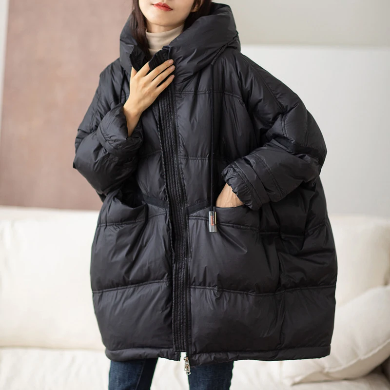 Lagabogy 2024 New Winter Women 90% White Duck Down Jacket Casual Loose Over Size Warm Parka Female Drawstring Hooded Puffer Coat 3