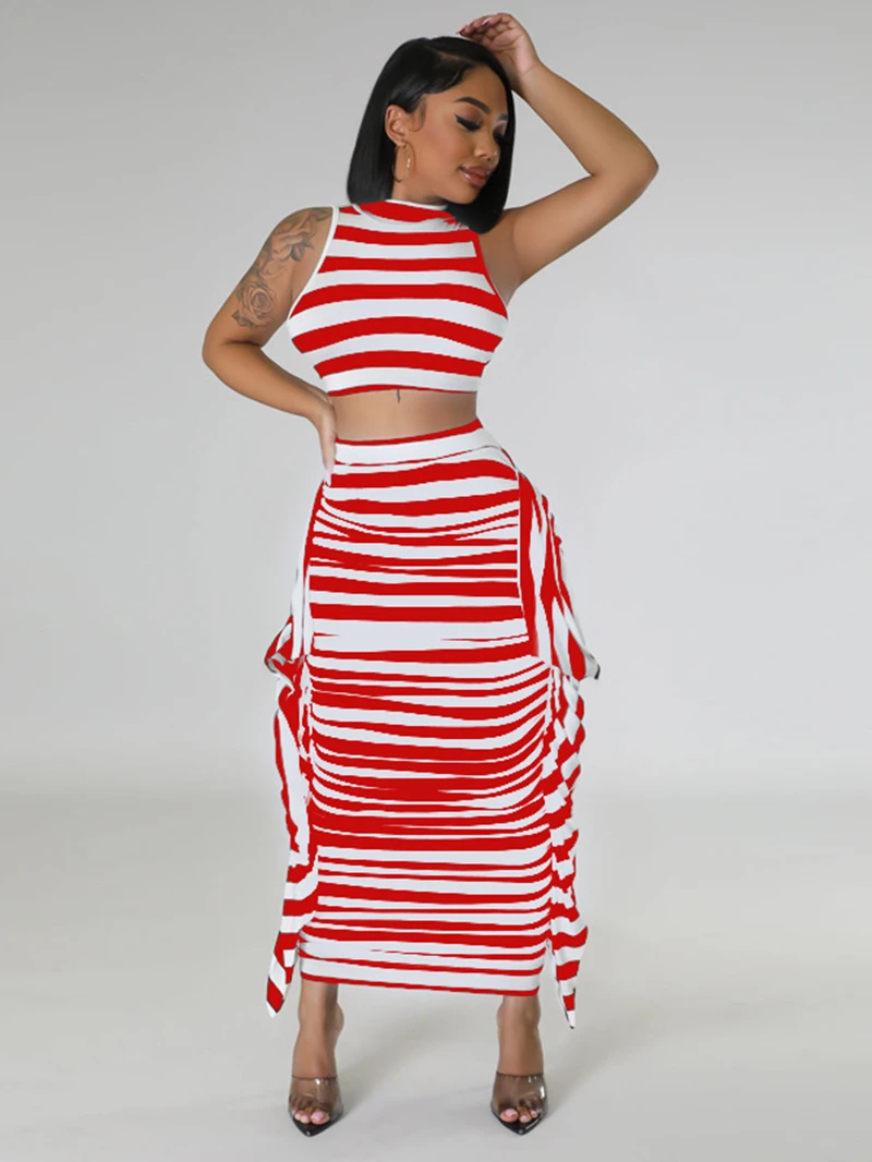 

Женский костюм с юбкой и принтом в полоску, летний комплект из двух предметов: Топ без рукавов и юбка с оборками