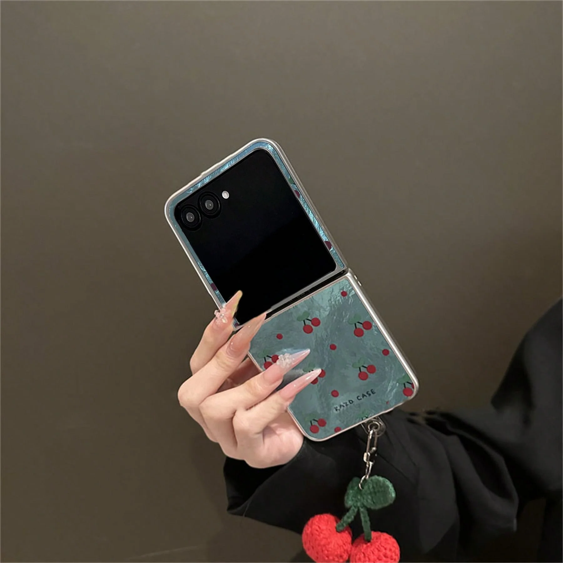 Cherry Glacial Pattern Phone Case with Pendant - Cute Full Screen Design