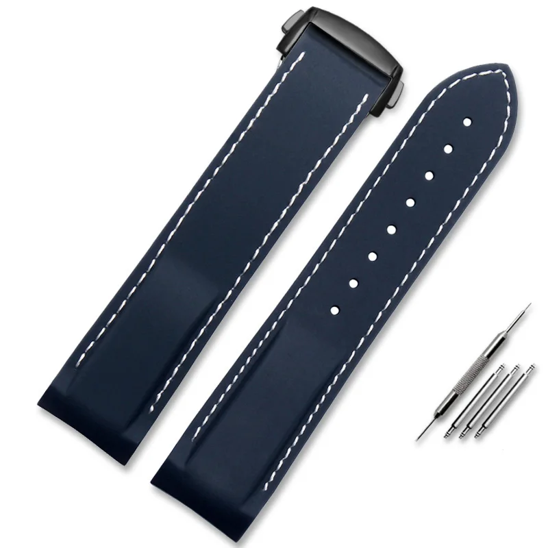 Premium Curved End Rubber Silicone Watch Strap in Blue, Black, and Orange (20mm, 22mm)