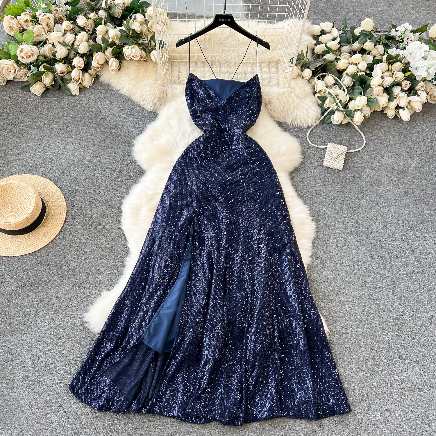 F86 Sweet Memory Banquet Blue Sequin Cocktail Party Dress Sexy Backless Strap Slim Long Light Luxury Sequined Dress