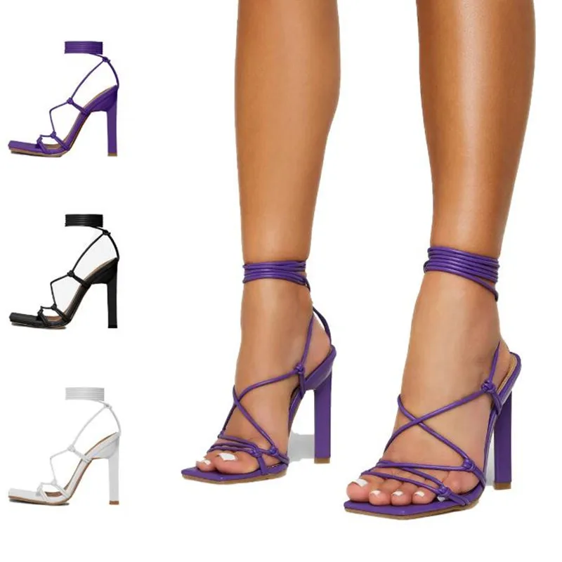 

New Fashion Lace Up Hollow Women Sandals Gladiator Square Toe Thin Heel Cross Tied High Heel Party Purple Sandalias Shoes