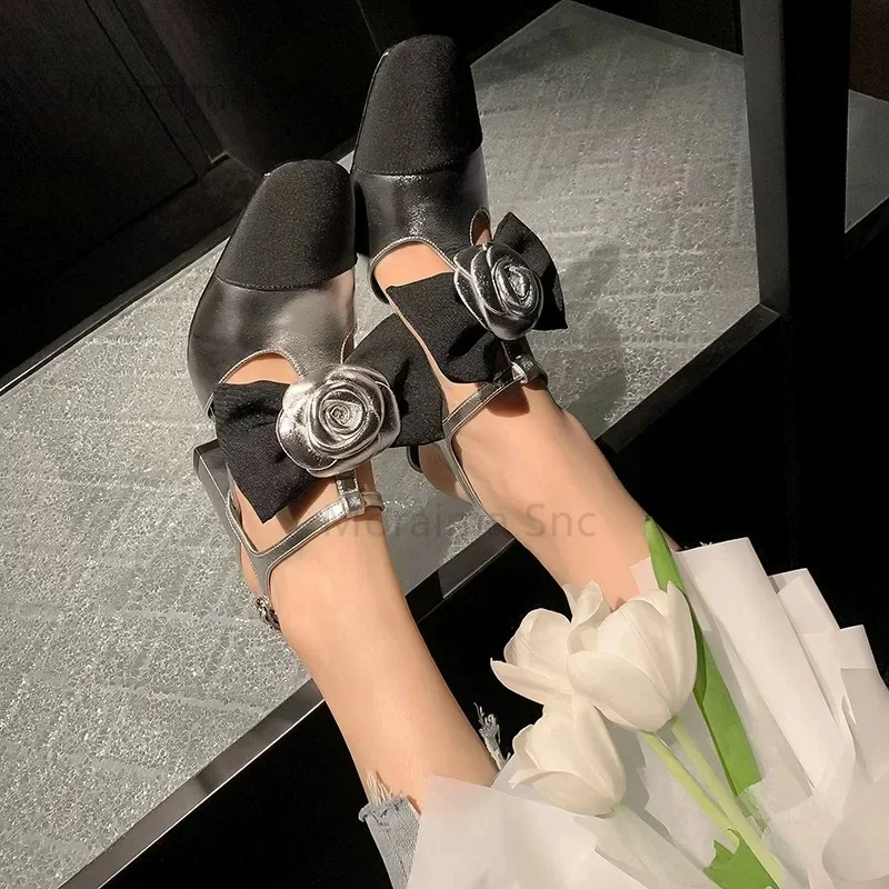 

Camellia Bow-Knot Round Toe Women's Sandals Hollow Block Heels Mixed Colors Pumps Slingback Back Empty Pumps Runway Summer Shoes