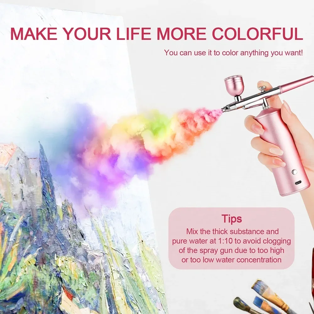 Top 0.3mm Pink Mini Air Compressor Kit Air-Brush Paint Spray Gun Airbrush For Na
