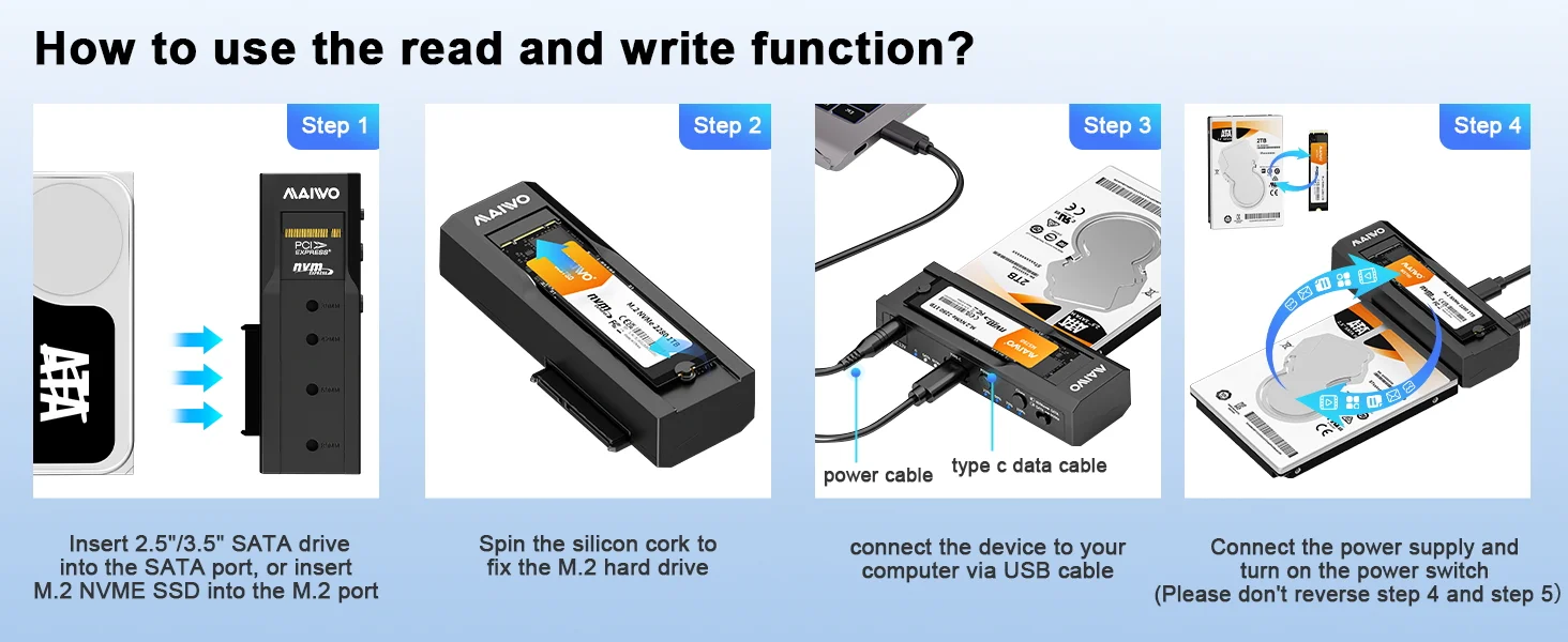 MAIWO 10 Gbit/s Typ-C Dual-Bay M.2 SSD Gehäuse NVMe SATA Dual Protocol M2 Gehäuse Dockingstation 2,5/3,5 Zoll mit Office Clone – Detail 4