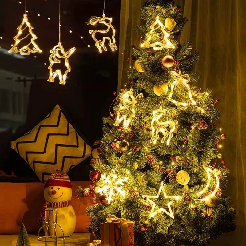Christmas Lights LED Snowflake Santa Elk Hanging Lights Christmas Home Window Decoration Lamp Xmas Ornaments New Year Gifts