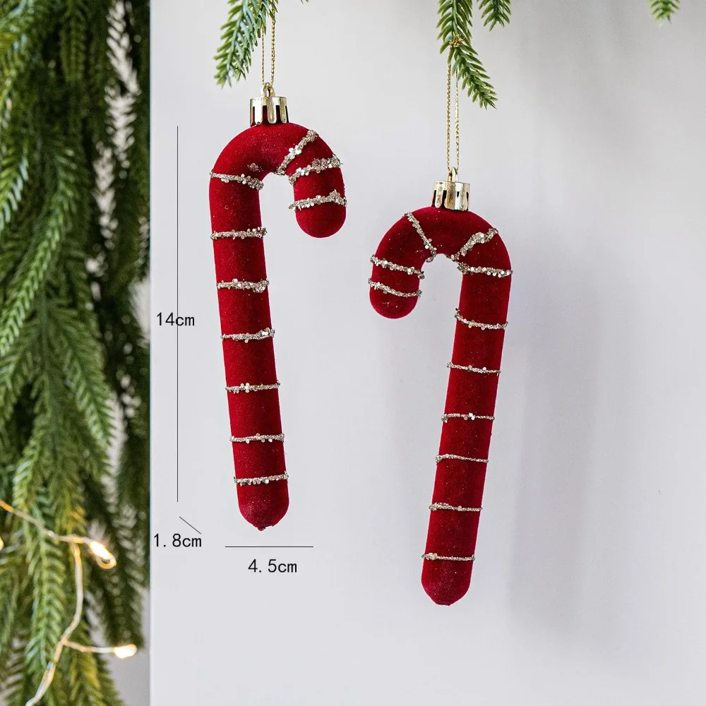 2PCS/Set Velvet Christmas Candy Cane Bell Icicle Ornaments Burgundy Red Xmas Tree Hanging Pendants Christmas Party Home Decor
