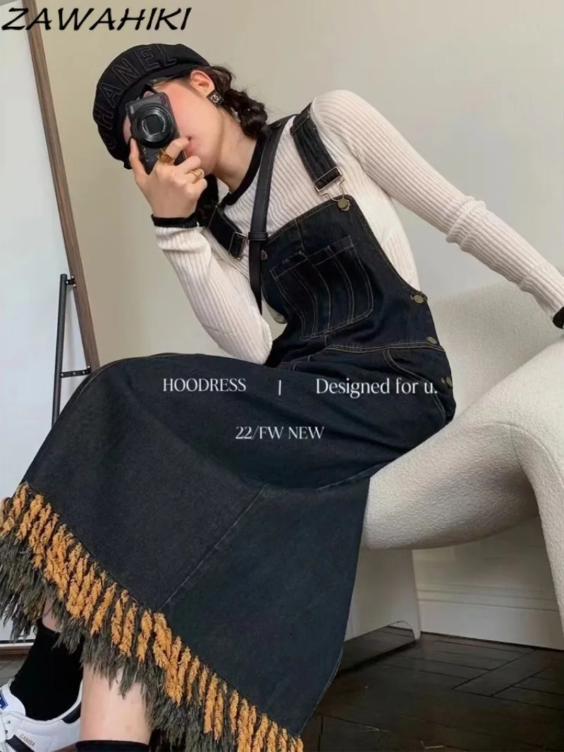 

Spring Autumn Women New French Vintage Sleeveless Long Dress Patchwork Tassel Elegant Temperament Black Denim Streetwear Vestido