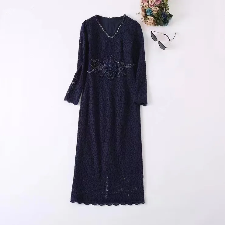 

New European and American women's wear for winter 2022 Long sleeve V neck nail beaded lace Fashion slim dress XXL