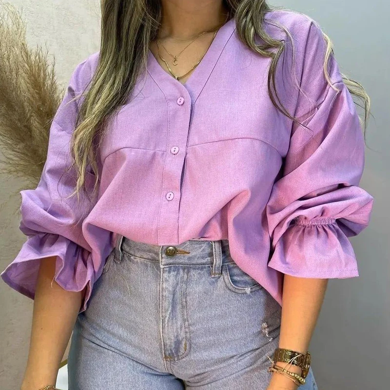 

Women Casual Solid Color Tops Blouse Autumn Single Breasted Commute Shirts Blusas Fashion Simple Flare Long Sleeve Street Blouse
