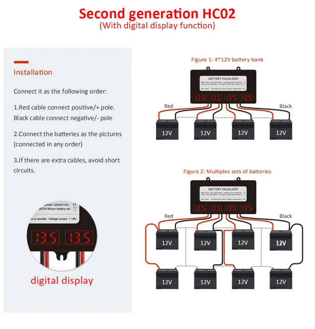 48V Battery Balancer Battery Equalizer HC02 Charger Controller for Lead  Acid Battery Bank System Black