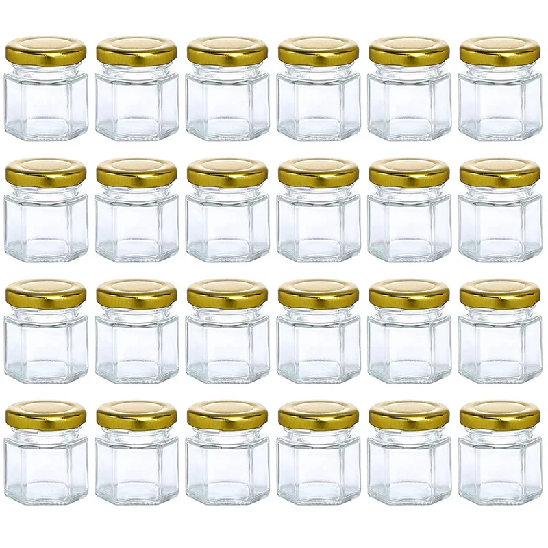 24pcs 1.5OZ 45ml Mini Hexagon Glass Jars With Gold /Silver/black Lids,for Jam,Honey,Candies, Spice Jam glass bottles storage jar