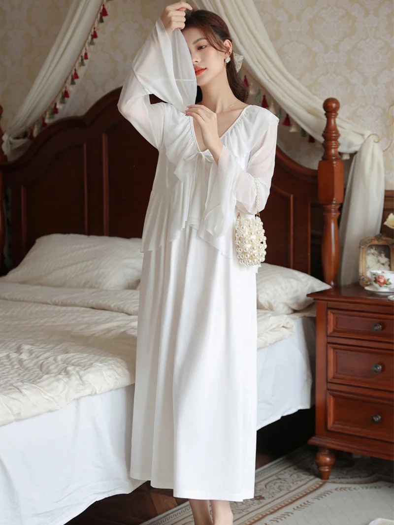 Women Ruffles V-Neck Vintage Nightgowns Lolita Princess Sleepwear White Mesh Fairy Night Dress Victorian Nightdress Loungewear