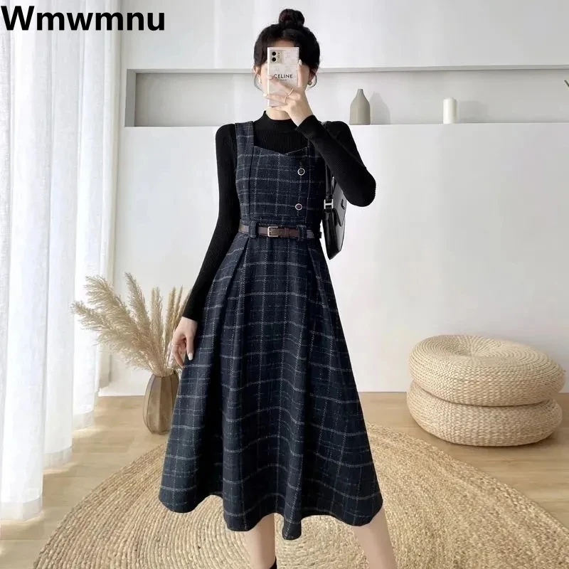 

Slim Plaid Vintage Dress 2 Piece Set Casual Knitted Tops + Sleeveless Vestido Midi Suits Fall Winter Woolen Tank Dresses Outfits