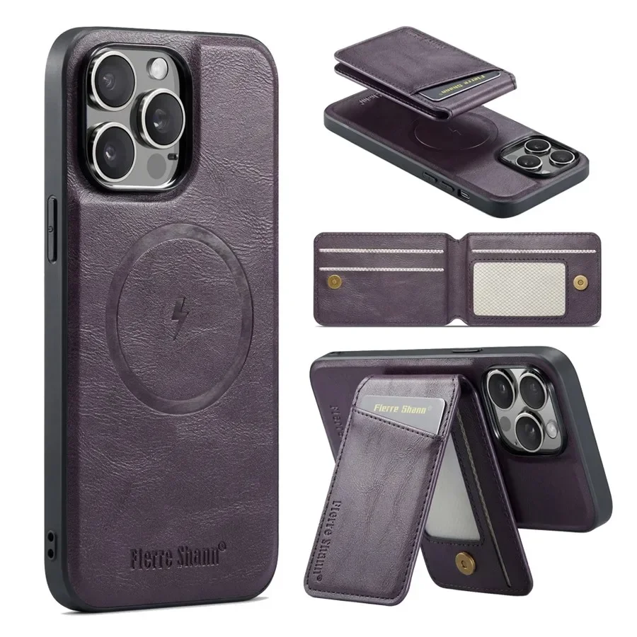 Magnetic Detachable Leather Wallet Phone Stand with Wireless Charging Compatibility