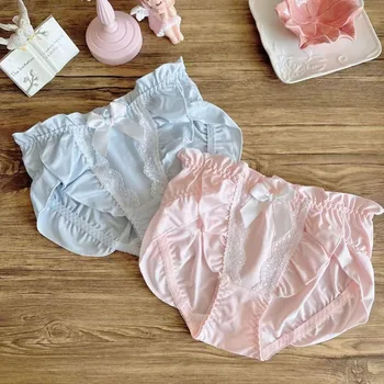 Biancheria intima morbida da donna con volant in seta di latte, vita media, liscia, carina, adorabile, mutandine dolci, stile principessa, elasticità traspirante