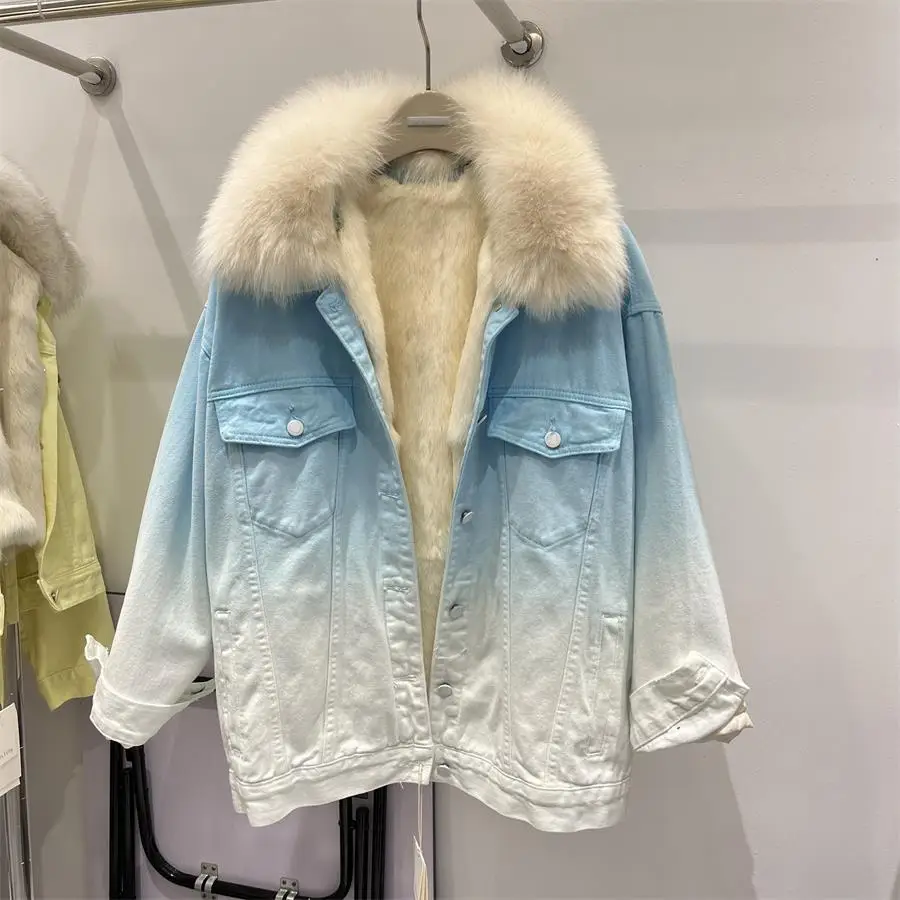 

Winter New Patchwork Gradient Fox Fur Collar Denim Parka Women's Loose Korean Style Couple Coat Fashion Long Sleeve Fur Coat
