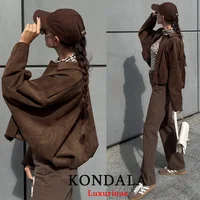 KONDALA Casual Soft Martini Green Bomber Jackets Women Long Lantern Sleeve Oversized Autumn Winter Coats Fashion 2025 Outwears - Image 4