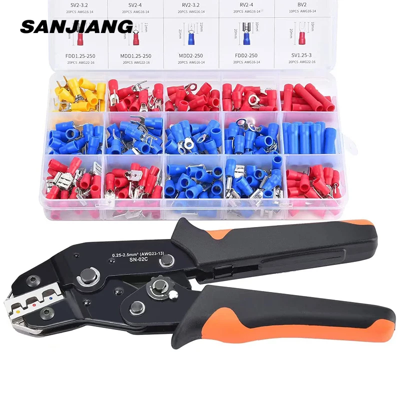 Assorted Spade Terminals Insulated Cable Connector Electrical Wire Crimp Butt Ring Fork Set Ring Lugs Rolled Crimping tool Kit