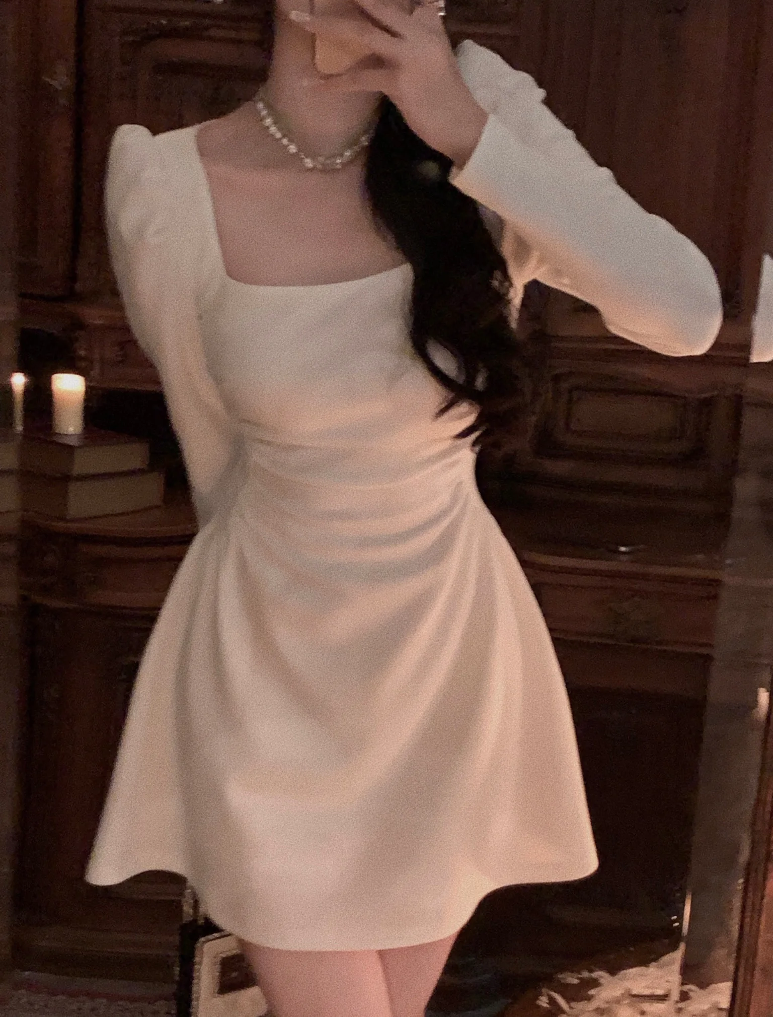 Spring New Elegant Square Collar Midi Party Dresses for Women Long Sleeve Black White Slim Vestidos Female High Waist Clothes