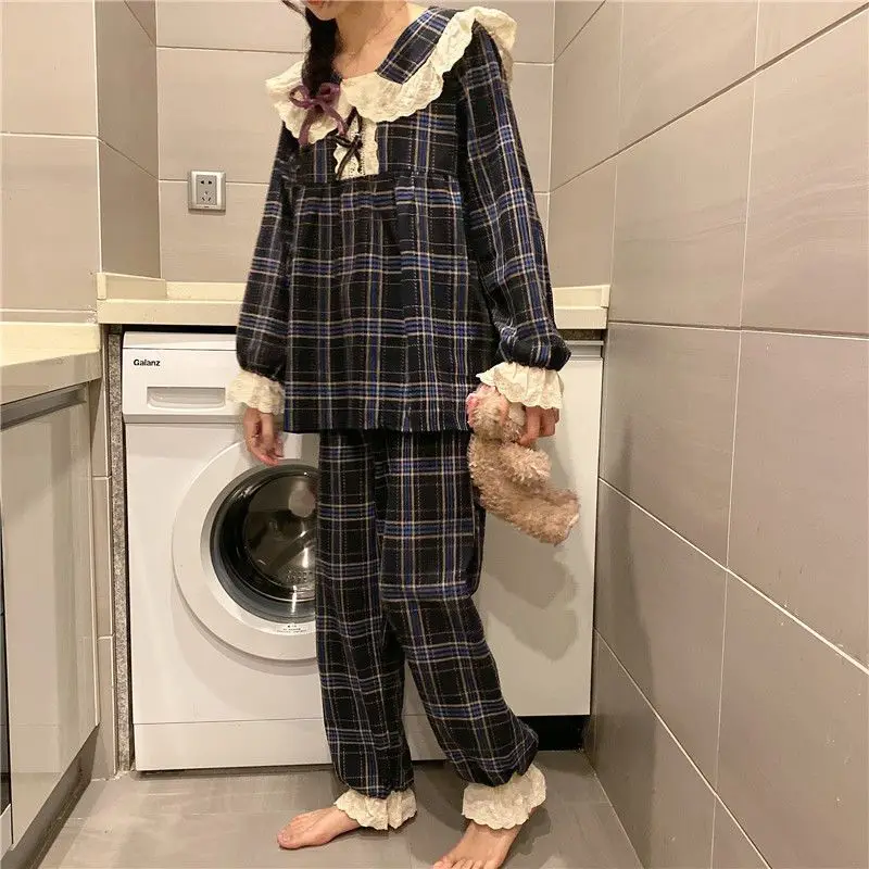 Women Spring Pajamas Korean Lace Pyjamas Long Sleeve Sweet Nightdress Doll Collar Plaid Sleepwear Casual Loose Home Wear Set