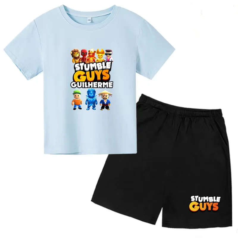 Kids clothing set 3-12yrs boys girls cartoon STUMBLE GUYS print T-shirt + shorts 2P outdoor sports leisure set