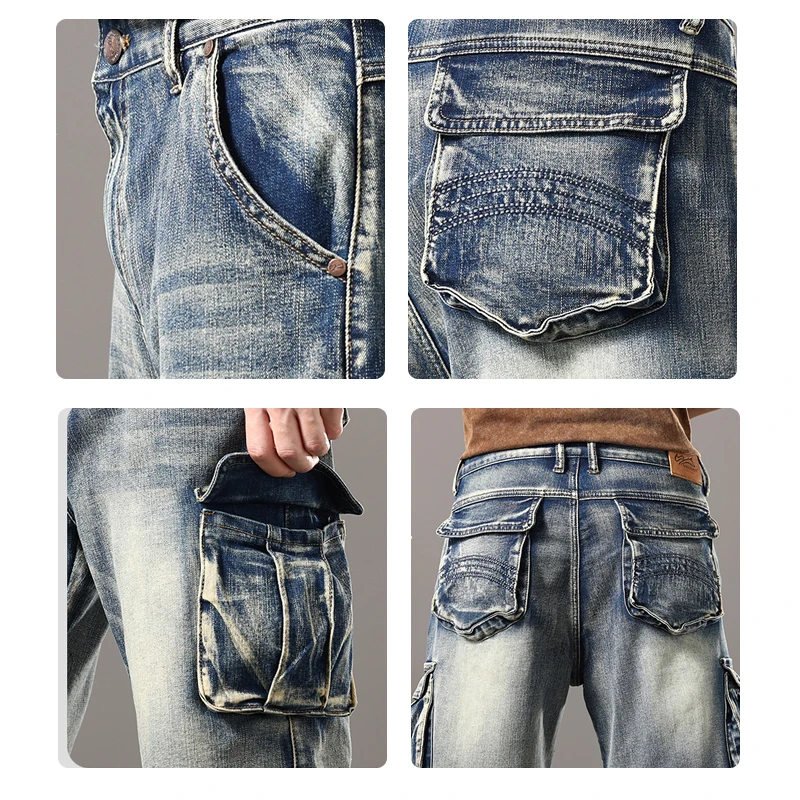 Summer new elastic American retro multi -pocket tools for denim shorts, men's pants pants loose, large size three -color 6