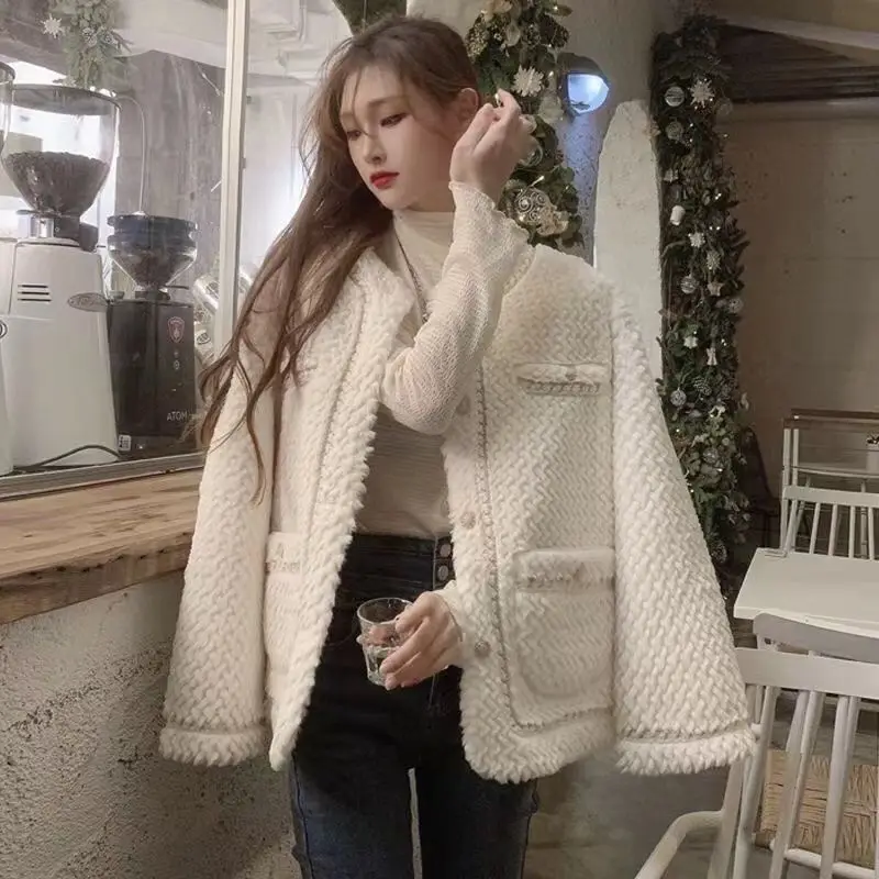 Women's Faux Fur Coat, Loose, Monochromatic, Short Lamb Wool Outwear, Casual, Round Collar, Thick, Warm, Female Fashion, Winter