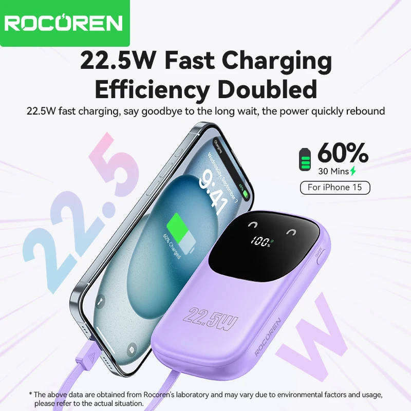 Rocoren 22.5W Fast Charging Power Bank With 3 Cable Mobile External Portable Battery Charger powerbank For iPhone Samsung Xiaomi 3