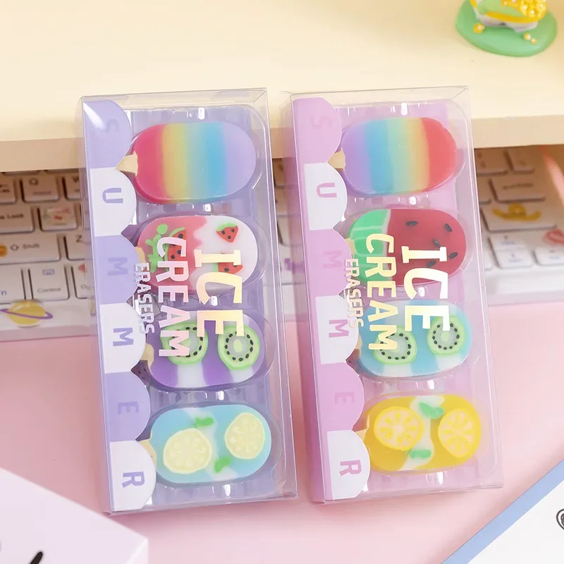 4 pezzi/set 1-2 set Lytwtw's Cartoon Cute Kawaii Ice Cream Rubber Mini Eraser Articoli di cancelleria per ufficio e scuola - immagine 4