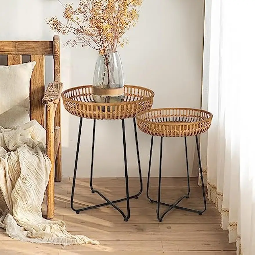 Comfort corner Rattan Side Table Nesting Tables Set of 2, Bamboo Round Coffee Table Metal Base End for Living Room
