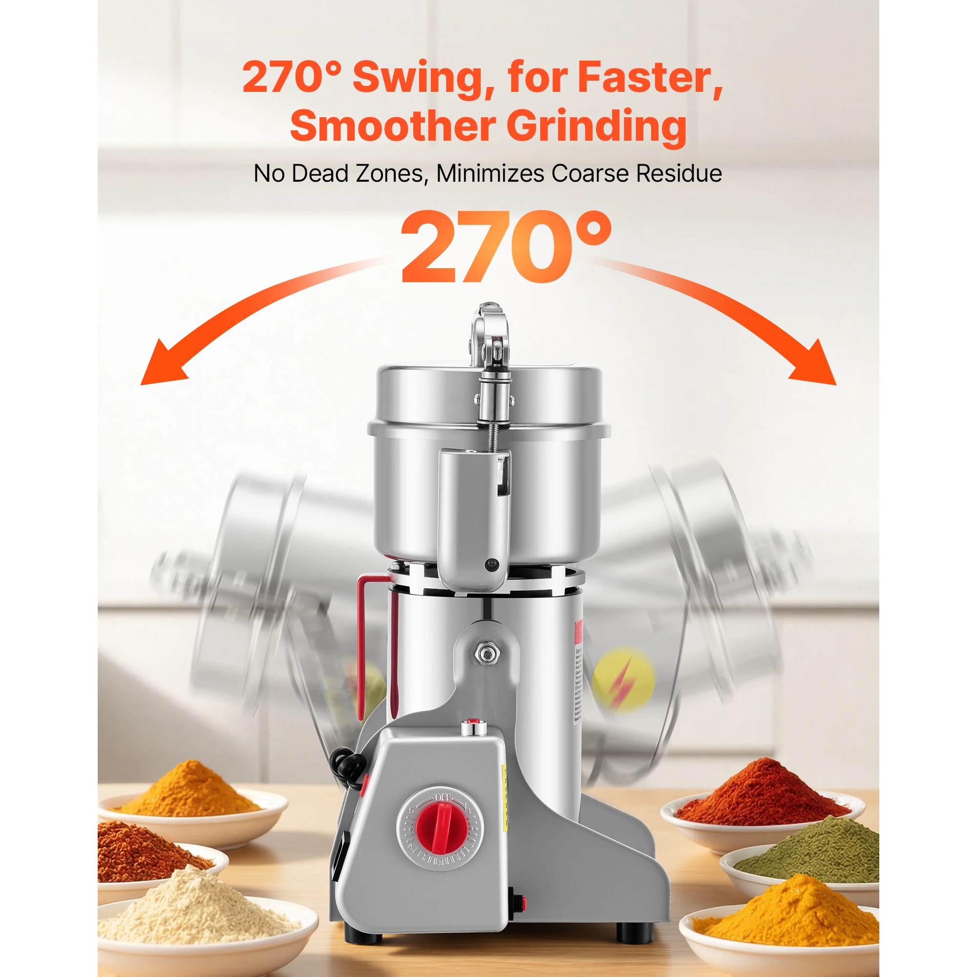 SucceBuy Electric Grain Mill Grinder 28000/32000RPM High Speed Stainless for Dried Grains Coffee Beans Spices 270° Swing Type 5