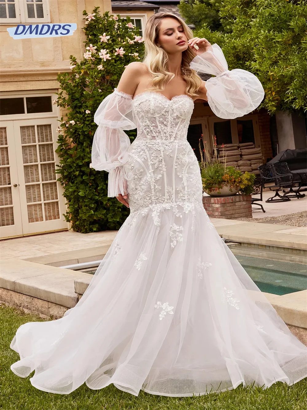 

Beach Detachable Sleeve Mermaid Bride Robe Romantic Strapless Appliques Wedding Dress Pastrol Vestidos De Novia