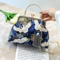Fashion Vintage Fringe Embroidered Crossbody Bag - Crane Design Shoulder Purse (He Blue)