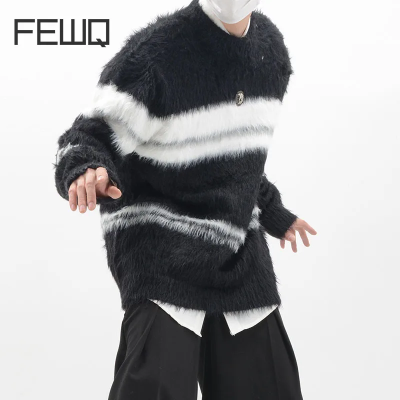 

FEWQ Mohair Stripe Sweater Men's Korean Fashion Stitching Color Autumn Male Knitted Pullovers Niche Desing 2023 New Tops 24B3267
