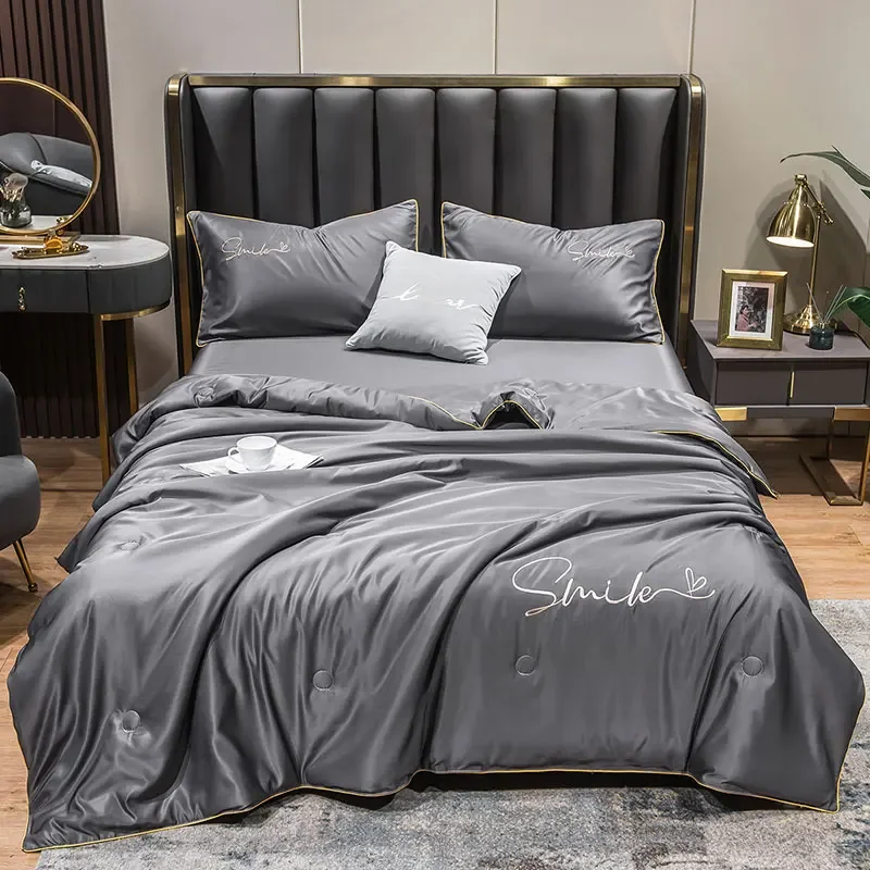 European Style Ice Silk Summer Quilt Set High-end Embroidered Cooling Blanket 3/1 Pcs Sets Air Conditioning Comforter