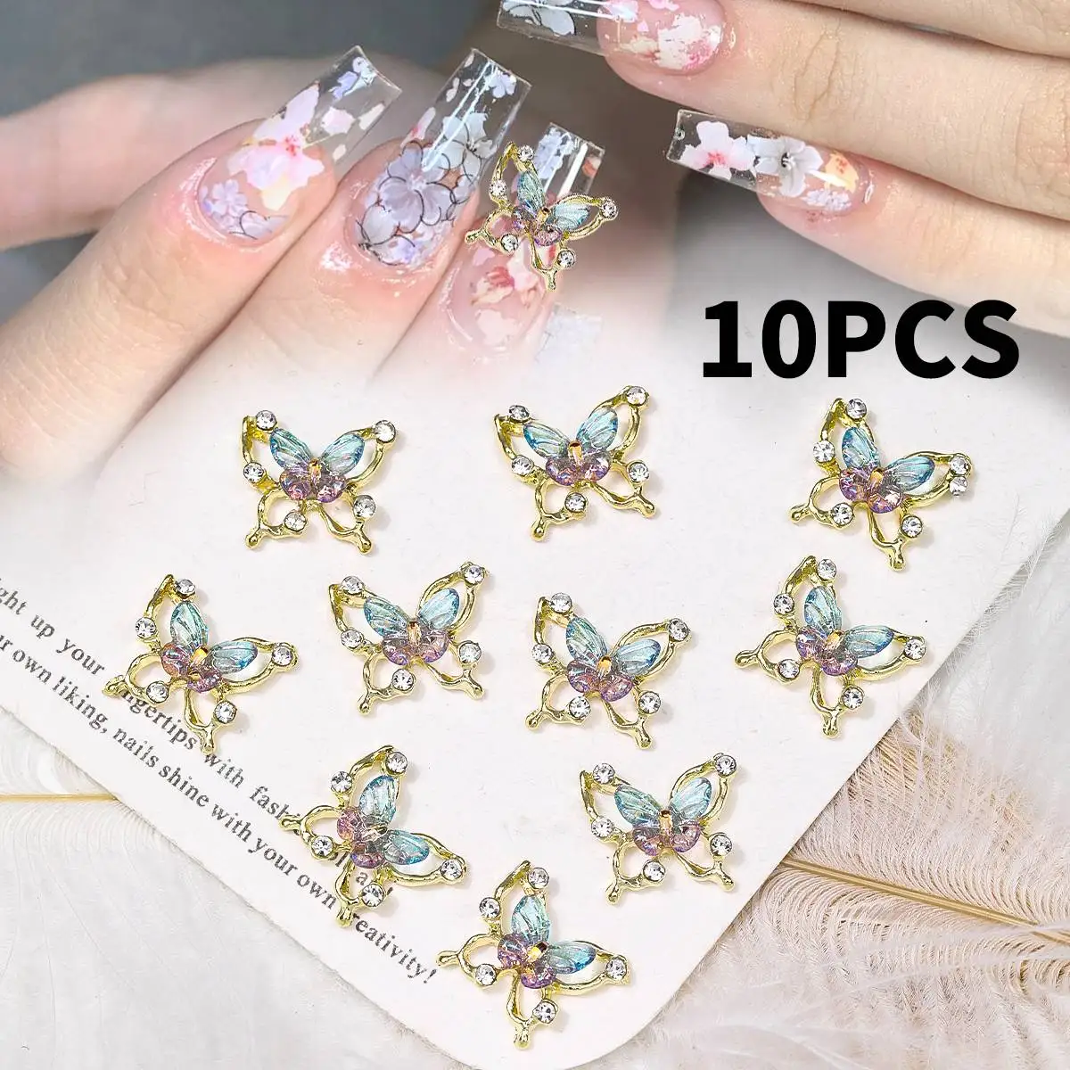 10PC 합금 나비 지르콘 네일 아트 라인스톤 3D 골드 실버 샤이니 다이아몬드 네일 아트 젬스 버터플라이 크리스탈 매니큐어 액세서리