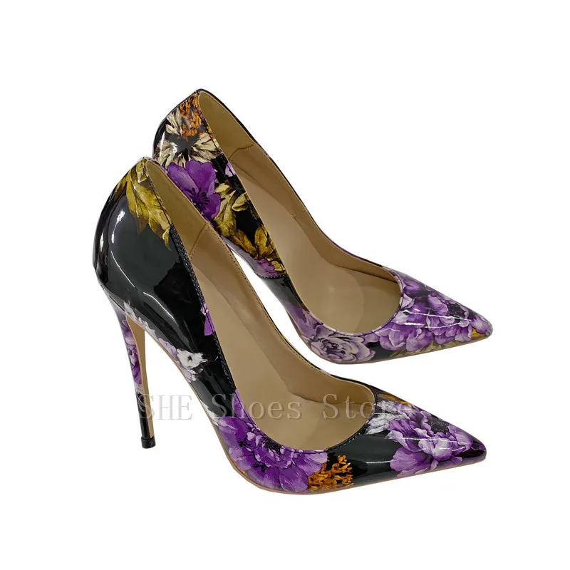 

Fashion Purple Flowers Print 12Cm Hight Heels Women Shoes Mixed Color Pointed Toe Thin Heel Shallow Slip-On Pumps Ladies Sandals